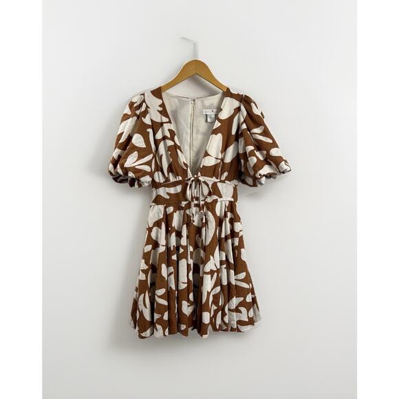 House of Harlow 1960 Mini Dress Puff Sleeve Tie Front Floral Linen Blend Size 0 - Picture 1 of 6